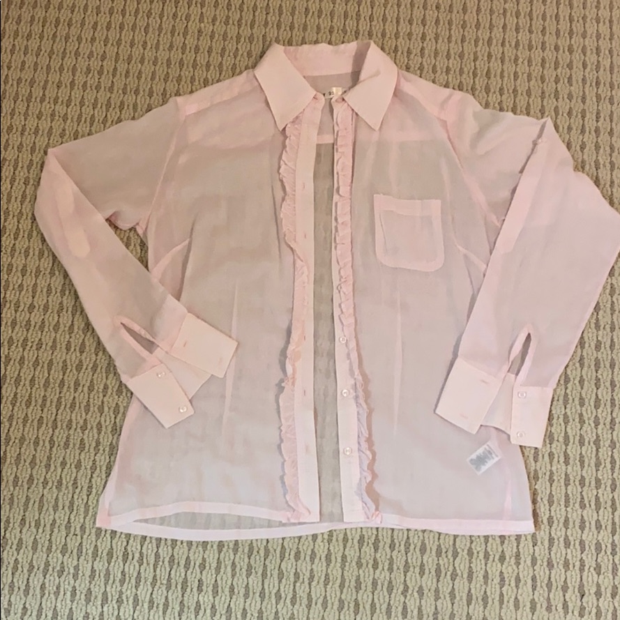 Cailey 22; Pink Ruffled Button Down